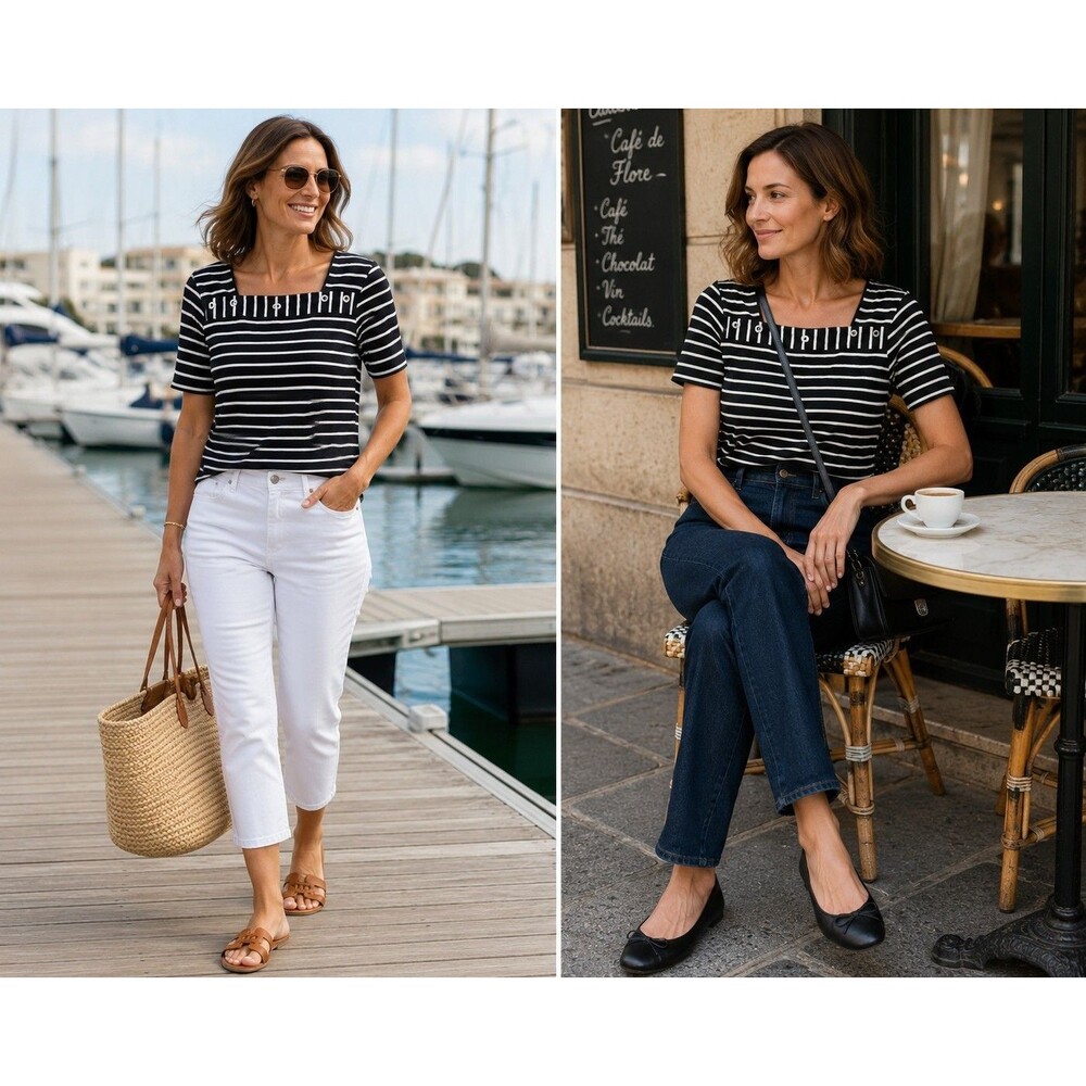 Denim & Company Women XS Black White Striped Square Neck Nautical Chic Knit Top